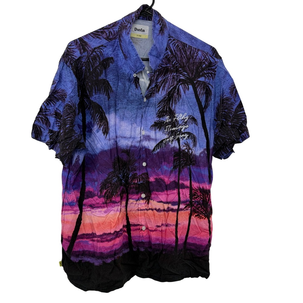 Duvin Shirt Mens 2XL Blue Filthy Flamingo Surf Gang Tropical Palm Tree Sunset